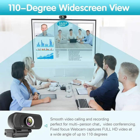 Smooth Operator 1080P Full HD Webcam With Integrated Mic, Plug And Play USB Camera For PC Laptop Mac in a meeting with 110-degree view.