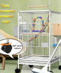 Spacious White Bold Wire Bird Cage On Smooth Rollaway Stand For Lovebirds Cockatiels Featuring Open Top Entry Nifty Partition Trays And Secure Resting Bars For Quick Cleanups And Daily Fun.