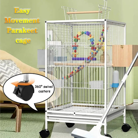 Spacious White Bold Wire Bird Cage On Smooth Rollaway Stand For Lovebirds Cockatiels Featuring Open Top Entry Nifty Partition Trays And Secure Resting Bars For Quick Cleanups And Daily Fun.