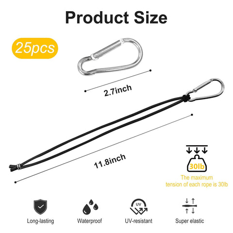 Batting Cage Net Hangers Kit With Heavy Duty Carabiner Clips And Lanyards shown in size with dimensions and features