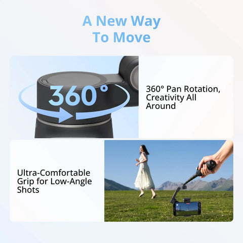 Osmo Mobile 8 Advanced Tracking Gimbal showing 360 degree pan rotation and use for low-angle shots outdoors.