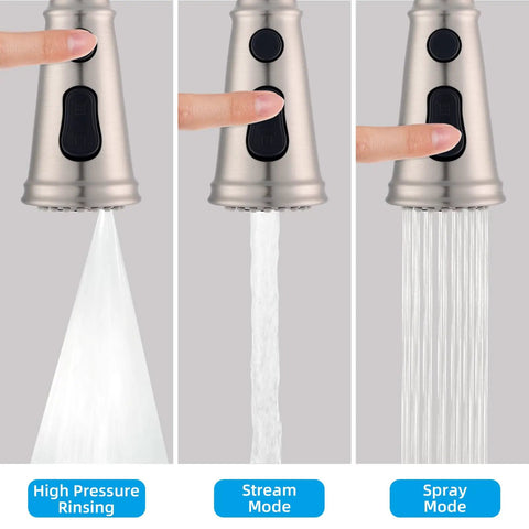 Pull Down Faucet Head Replacement With Three Function Sprayer Modes, High Pressure Rinse, brushed nickel finish, three spray modes