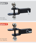 Beefed Up Dual Hitch Ball Trailer Hitch For 2 Inch Receiver With One Seven Eighth Inch And Two Inch Balls Includes Pin And Clip Five Eighth Inch Clevis Pin Compatible Matte Black Powder Coat Finish showing options 1 and 2.