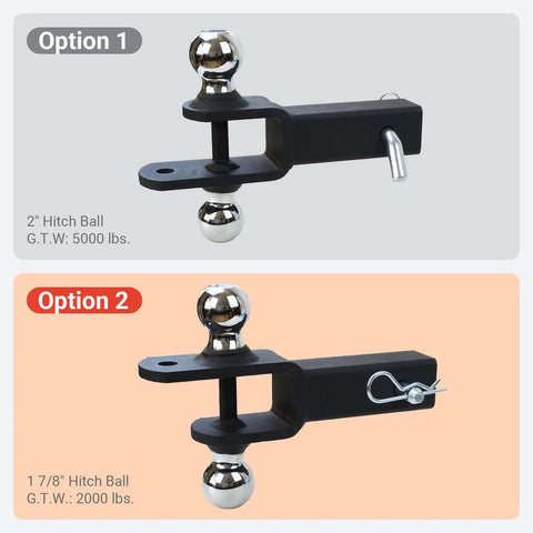 Beefed Up Dual Hitch Ball Trailer Hitch For 2 Inch Receiver With One Seven Eighth Inch And Two Inch Balls Includes Pin And Clip Five Eighth Inch Clevis Pin Compatible Matte Black Powder Coat Finish showing options 1 and 2.