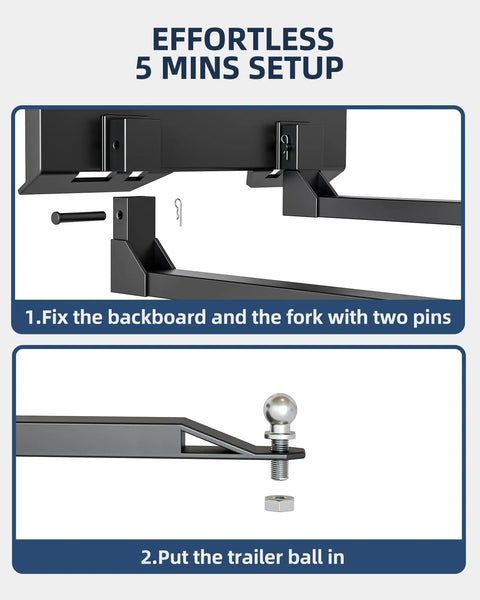 Diagram showing setup of 46 Inch Quick Attach Pallet Forks For Skid Steer Attachments, Beefy 2600 Pound Capacity, Heavy Duty Steel Forks.