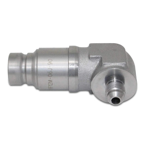 90-degree flat-face skid-steer hydraulic quick-connect coupler, 3/8 in JIC male thread, silver metal