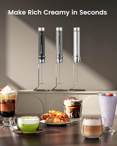 Rechargeable Milk Frother With Game-Changer Stepless Speed Control, LunaFro Max with stand, whisks beside diverse beverages