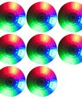 Seven colorful lit inline skate wheels with "90A V06" text