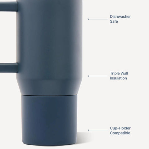 Premium Kids Insulated Travel Tumbler 20 Oz Triple Wall Cup side view, showing soft handle and cup holder compatibility.