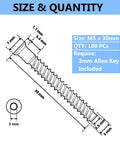 Diagram of M5 X 30mm Confirmat Screws Black 100 Pieces Hex Socket Countersunk; 3mm Allen key required; dimensions labeled.