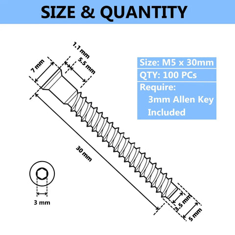Diagram of M5 X 30mm Confirmat Screws Black 100 Pieces Hex Socket Countersunk; 3mm Allen key required; dimensions labeled.