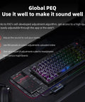 BTR13 Bluetooth Headphone Amplifier on keyboard with LED lights, highlighting PEQ adjustment via app and web
