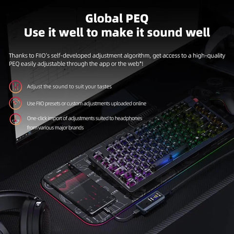 BTR13 Bluetooth Headphone Amplifier on keyboard with LED lights, highlighting PEQ adjustment via app and web