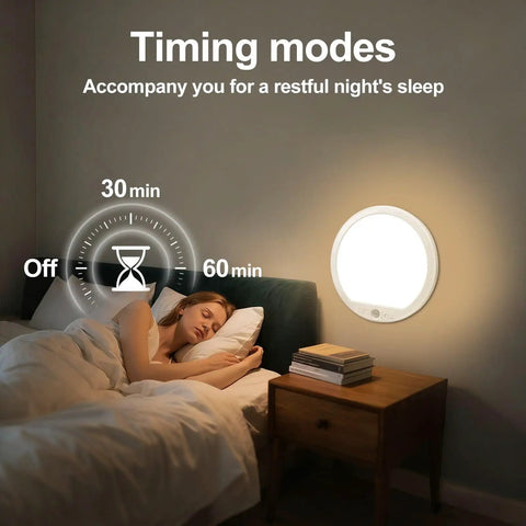 Rechargeable Motion Sensor Ceiling Light With Remote Cordless Magnetic Stick On Closet Light shown above a sleeping person in a bedroom.