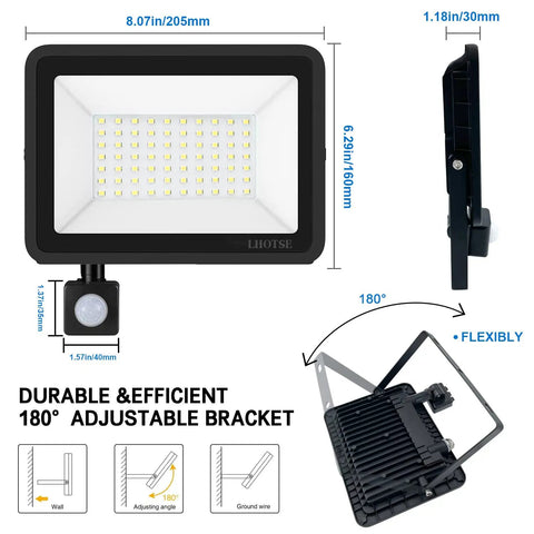 Two Pack 50W LED Flood Lights Outdoor With Motion Sensor And Plug IP65 Waterproof Security Floodlights diagram and dimensions