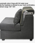 Concealed Hinge Recliner Gear Adjustment Hardware For Folding Sofa Beds And Lounge Chairs With Multi Angle Headrest Backrest Armrest Tilt Adjustment System For Smooth Comfortable Seating And Easy Sofa Bed Conversion on a gray sofa.