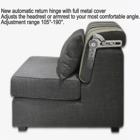 Concealed Hinge Recliner Gear Adjustment Hardware For Folding Sofa Beds And Lounge Chairs With Multi Angle Headrest Backrest Armrest Tilt Adjustment System For Smooth Comfortable Seating And Easy Sofa Bed Conversion on a gray sofa.
