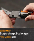 Hands using Pro Retractable Folding Utility Knife With CarbonMax Blade, Dual Lock Safety, One-Handed Flip, All Metal Construction.