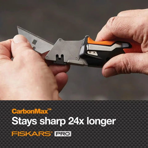 Hands using Pro Retractable Folding Utility Knife With CarbonMax Blade, Dual Lock Safety, One-Handed Flip, All Metal Construction.