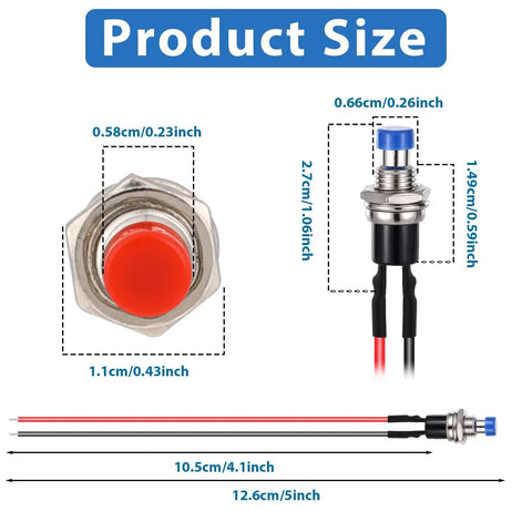 Diagram of 12 Pack 7mm Momentary Push Button Switches, 12V Prewired, SPST Normally Open Micro Push Buttons, 2 Pin, 3A 220V dimensions