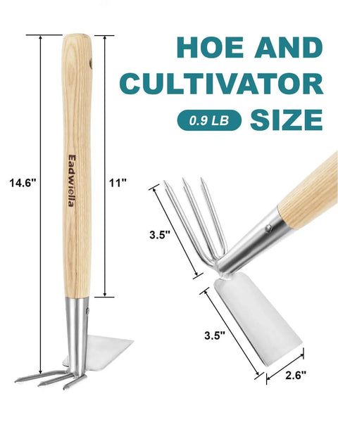 All In One Double Sided Garden Rake And Cultivator Tool With Wood Handle, size dimensions and close-up view of blade and tines.