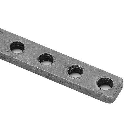 Built Like A Tank Stainless Steel Threaded Plate With Five M4 Screw Holes For Robot Builds And General Purpose Installation Fasteners. Close-up view of M4 threaded plate with five holes.