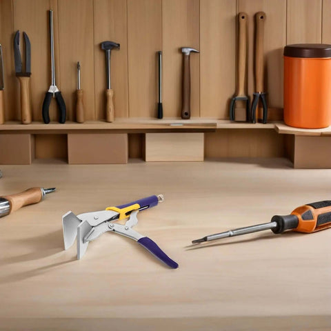 Sheet Metal Hand Seamer Pliers With Straight Jaw And Locking Clamp For Metal Bending Fabrication And HVAC Projects on workbench.