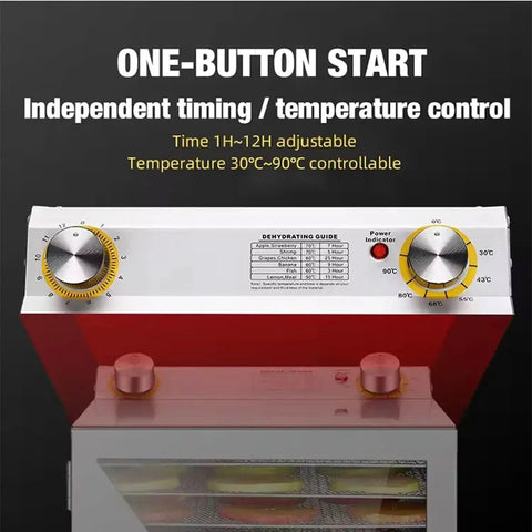 Control panel of Heavy Duty Commercial Food Dehydrator 18 Trays Stainless Steel Snack Dryer with timer and temperature settings.