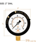 Two Inch Dial Pool Filter Pressure Gauge With One Quarter NPT Lower Mount Clean Filter Indicator 0 To 60 Psi Dual Scale Brass Wetted Parts Ideal For Swimming Pools Spas Aquariums Water Pumps And Quick Pool Maintenance. 2-inch dial, brass lower mount