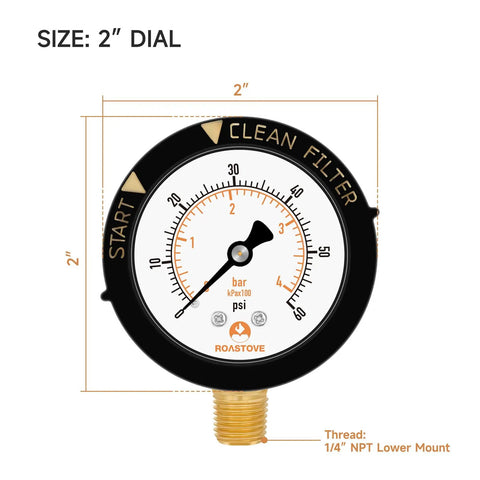 Two Inch Dial Pool Filter Pressure Gauge With One Quarter NPT Lower Mount Clean Filter Indicator 0 To 60 Psi Dual Scale Brass Wetted Parts Ideal For Swimming Pools Spas Aquariums Water Pumps And Quick Pool Maintenance. 2-inch dial, brass lower mount