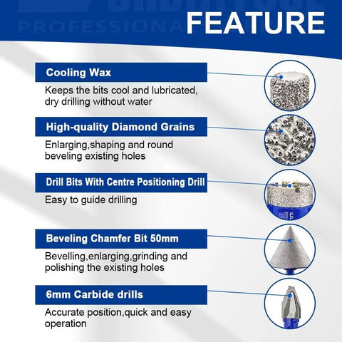 Tile Diamond Drill Bits Kit For Porcelain And Ceramic Tile 16 Piece Hole Saw Set features and specifications overview.