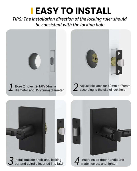 Installation guide for Black Door Handle Set For Interior Doors, Built To Last Heavy Duty Privacy Lever for Bedroom And Bathroom.