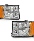 Headlights Assembly For 2007-2013 GMC Sierra 1500 And 2007-2014 GMC Sierra 2500HD 3500HD Halogen Driver And Passenger Side With Clear Lens Amber Reflector Replacement Kit DOT SAE Compliant
