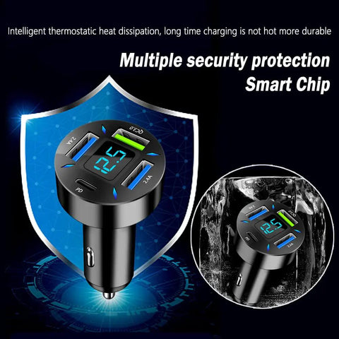 66W Fast Car Charger With PD And QC 3.0 Volt Meter And LED Lights Four Port Universal 12 To 24V Car Lighter Plug with smart chip