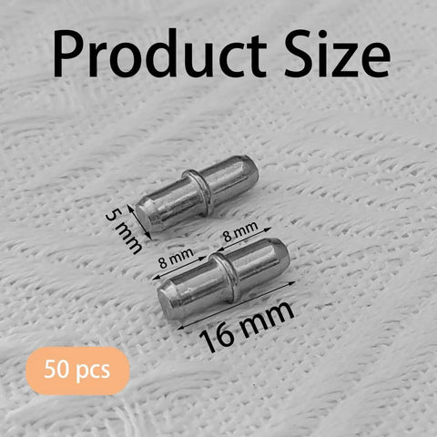 No Sweat Heavy Duty Metal Shelf Pegs 50 Pack Five Millimeter Cylinder Pins measuring 5mm x 16mm for bookcase hardware.