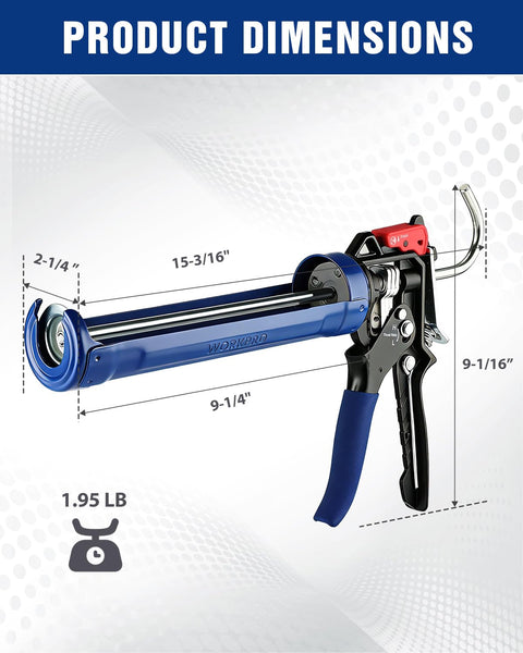 Dimensions of Caulking Gun With Adjustable Flow For 10 Oz Tubes 18 To 1 High Thrust And 9 To 1 Low Flow Comfort Grip Sealant Gun