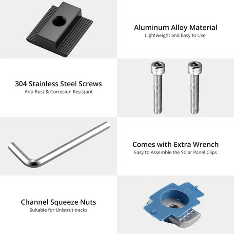 Rock Solid 10 Pack Solar Panel Mid Clamps For Unistrut Rail Tracks 40Mm Aluminum Hardware in Slate Black components including screws, wrench, and squeeze nuts.