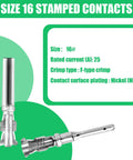 Size 16 stamped contacts from Waterproof 4 Pin Wire Connector Kit 102 PCS, 8 Sets With Stamped Terminals And Seal Plugs.