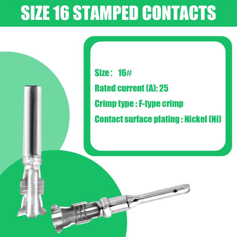 Size 16 stamped contacts from Waterproof 4 Pin Wire Connector Kit 102 PCS, 8 Sets With Stamped Terminals And Seal Plugs.