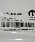 Mopar battery cable negative label on packaging, model 56020665AE, Made in Mexico, barcode visible