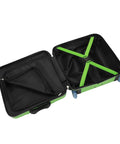 Open view of Minecraft Creeper 15 Inch Molded Hardside Carry On Luggage for kids featuring roomy interior with green cross straps.