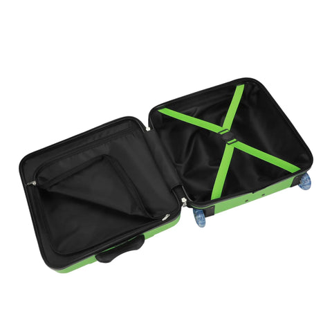 Open view of Minecraft Creeper 15 Inch Molded Hardside Carry On Luggage for kids featuring roomy interior with green cross straps.