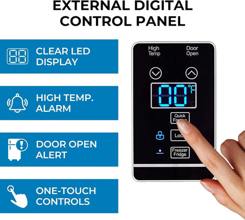 External digital control panel of Heavy Duty Convertible Upright Fridge Freezer With Auto Defrost And Four Adjustable Shelves.