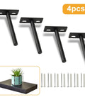 Rock Solid Four Inch Floating Shelf Brackets Set Of Four In Matte Black Featuring Invisible Mounting and Straight Up Easy Wall Install With Heavy Duty Industrial Steel, featuring four brackets.