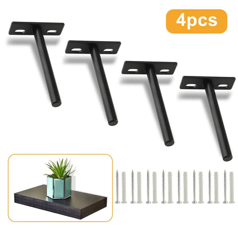 Rock Solid Four Inch Floating Shelf Brackets Set Of Four In Matte Black Featuring Invisible Mounting and Straight Up Easy Wall Install With Heavy Duty Industrial Steel, featuring four brackets.