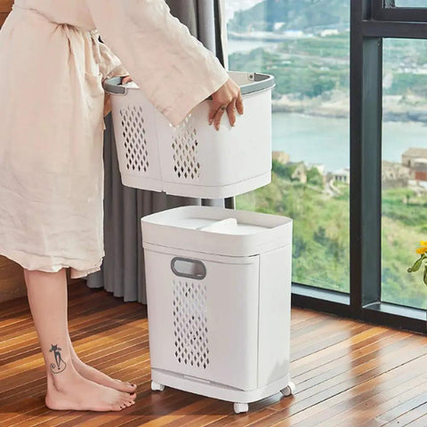 Removable Laundry Basket With Sturdy Storage Rack On Wheels White Household Organizer for Laundry and Home Storage Bottom Opening