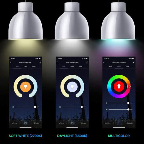 Smart LED bulb color modes with 2700K soft white, 6500K daylight, multicolor options. 4 Pack Smart LED Bulbs With 16W 1600 Lumens A21 Dimmable WiFi RGB CW Color Changing Tunable White 2700K-6500K 100W Equivalent Works With Alexa Google Home 2.4GHz.
