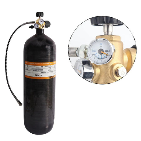 High Pressure M18x1.5 DIN Valve Adapter With Gauge For PCP Air Tanks Paintball And Air Rifles, close-up of gauge and tank