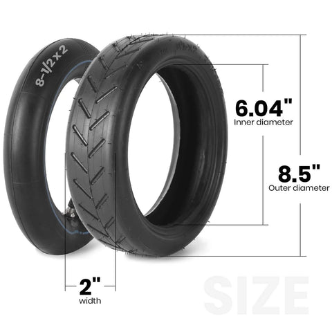 8.5 Inch By 2 Inch Scooter Tire And Inner Tube Set 50/75-6.1 with visible measurements for Gotrax GXL V2, Xiaomi M365, and others.