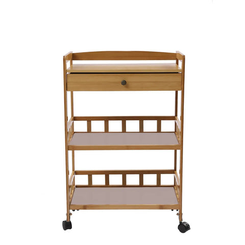 Heavy Duty Rolling Kitchen Cart With Drawer, Three Tier Bamboo Utility Island For Microwave And Coffee Station, smooth swivel wheels
